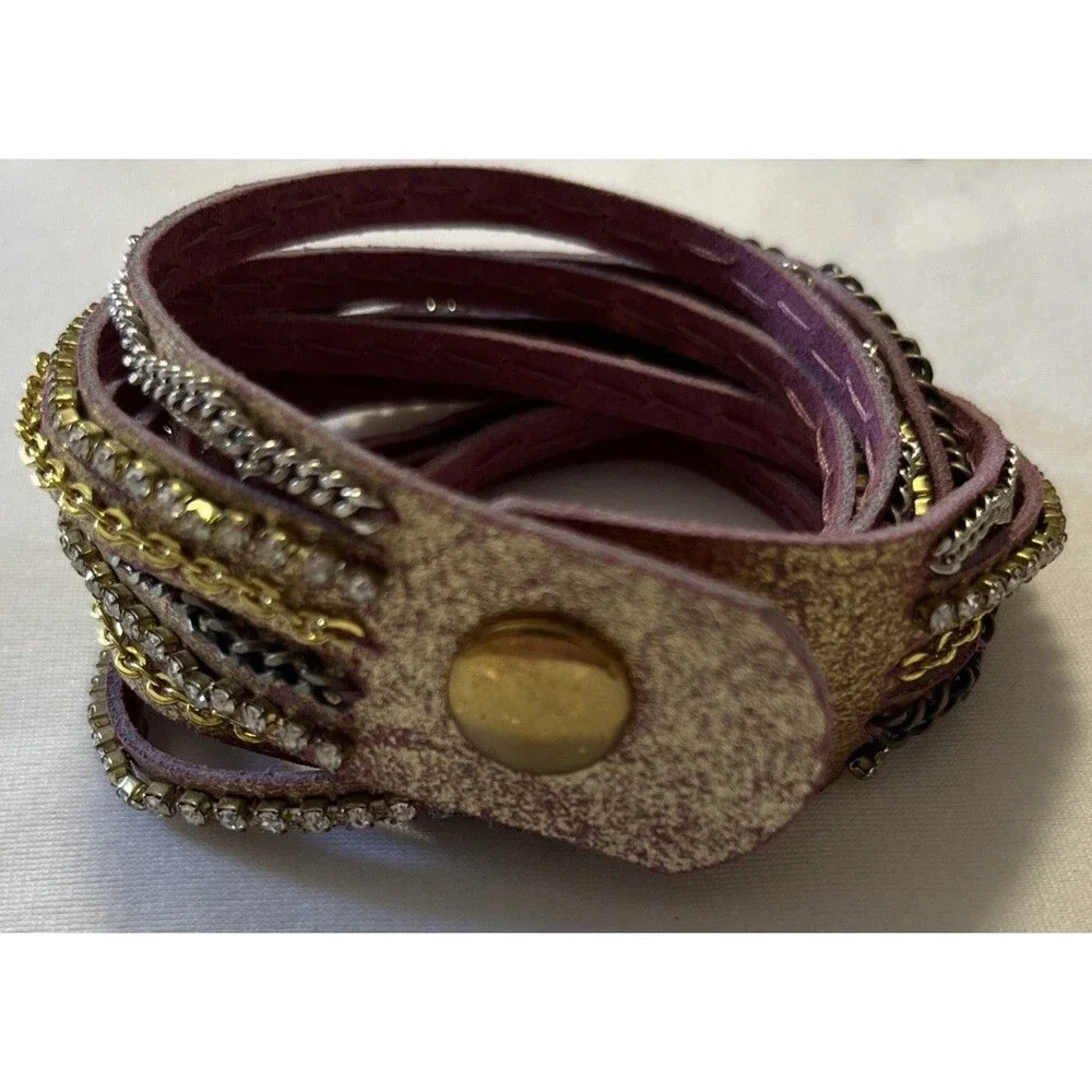Hato Hasi Pink & Gold Leather Wrap Bracelet with Silver & Gold Tone Chains - Picture 3 of 9